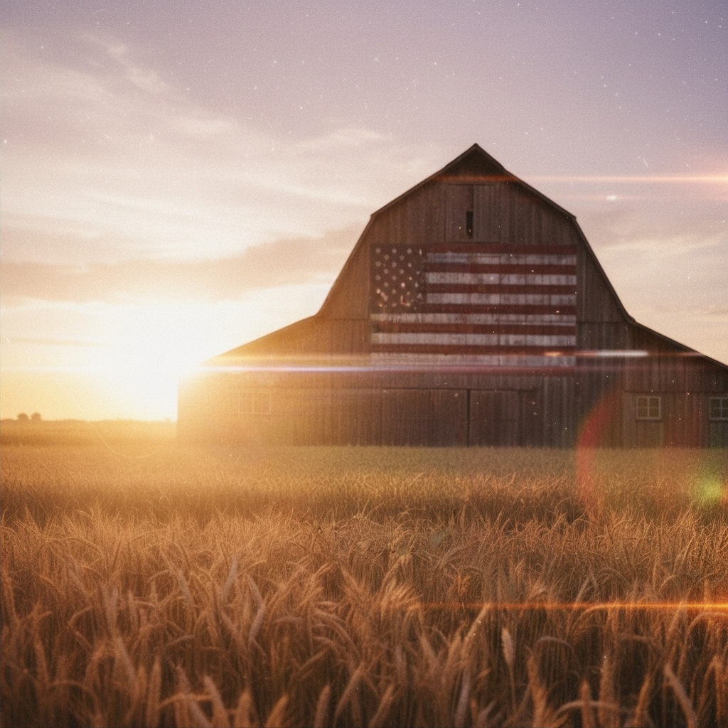 Barn with American flag at golden hour