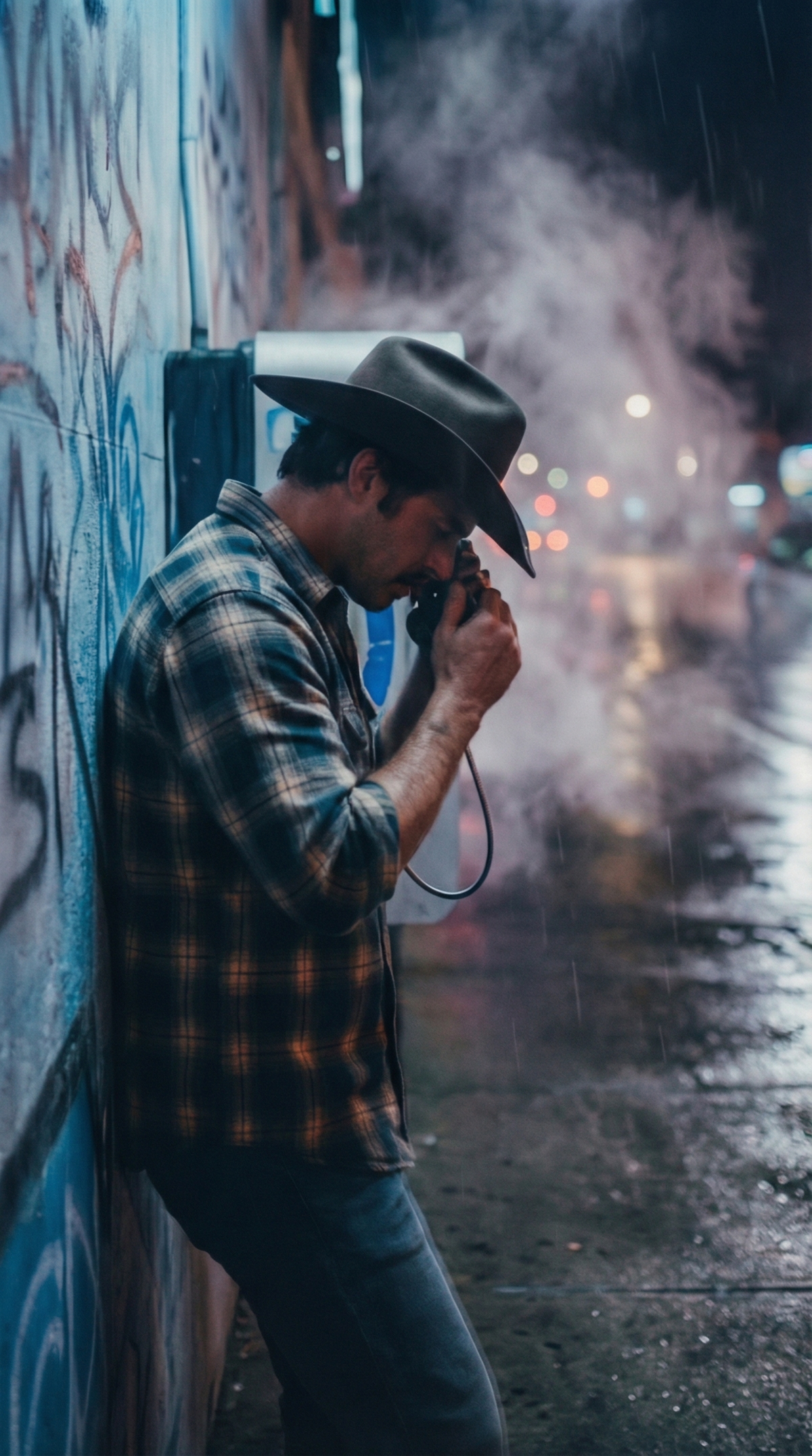 Clayton Scott on a payphone in the rain